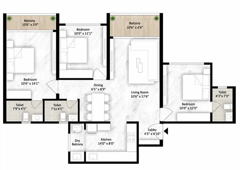 3 BHK + Study
